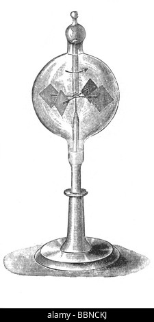 Crookes, William, 17.6.1832 - 4.4.1919, fisico e chimico britannico, la sua invenzione, radiometro, dispositivo per misurare il flusso radiante (potenza) di radiazione elettromagnetica, inventato nel 1873, incisione del legno, 19th secolo, Foto Stock