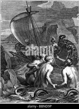 Odysseus (Ulysses), re greco di Itaca e eroe, passando le Sirene, stampa dopo incisione di Bernard Picart, Foto Stock