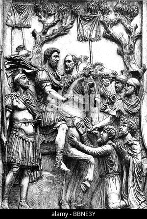 Marco Aurelio Antonino, 26.4.121 - 17.3.180 ad imperatore romano 7.3.161 - 17.3.180, reprieving di tedeschi catturati, incisione in legno, 19th secolo, dopo rilievo su arco trionfale, Roma, 176 DC, Foto Stock