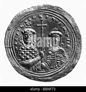 Basileios II, circa 956 - 15.12.1025, imperatore romano d'Oriente dal 963, con fratello Costantino VIII (circa 960 - 11.11.1028), ritratto, moneta, Foto Stock