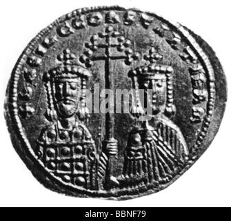 Basilico II Bulgaroktonos, 958 - 15.12.1025, imperatore bizantino 10.1.976 - 15.12.1025, ritratto, con fratello maggiore Costantino VIII, Histamenon Nomisma, inizio 11th secolo, , Foto Stock