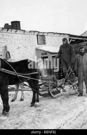 Eventi, Seconda guerra mondiale / seconda guerra mondiale, Russia, Inverno 1942 / 1943, soldati di un battaglione di approvvigionamento tedesco vicino Rostov sul fiume Don, inizio 1943, Wehrmacht, 20th secolo, storico, storico, forniture, unità, logistica, neve, Terzo Reich, Unione Sovietica, URSS, bagaglio, fronte orientale, slitta, tamburo di benzina, persone, 1940s, Foto Stock