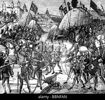 Eventi, Guerra Dei Cent'Anni 1337 - 1453, Battaglia di Crecy, 26.8.1346, Cronache di Jean Froissart, 14th secolo, Biblioteca Nazionale di Parigi, incisione in legno, 19th secolo, Medioevo, inglese, francese, Inghilterra, Francia, periodi di guerra, archi, crossbowmen, longbow, guerra medievale, crossbow, storico, medievale, popolo, Foto Stock