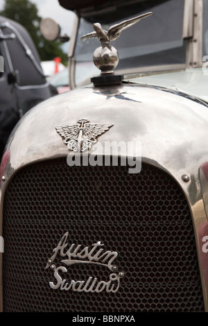 Automobilismo mascotte di uccelli sulla parte anteriore dei classici 1920s Austin 7 Swallow prima auto Jaguar veicolo Foto Stock