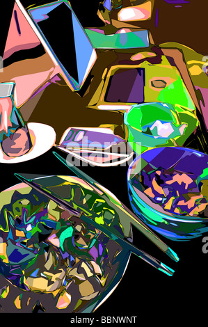 Cel-shading e illustrazione del cibo con il computer portatile e un telefono cellulare sul tavolo Foto Stock