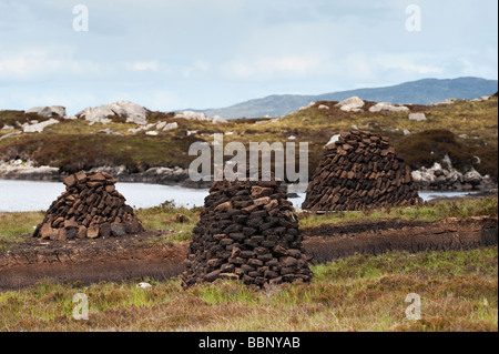 Tagliare la Peats in pile sulla brughiera, Isle of Harris, Ebridi Esterne, Scozia Foto Stock