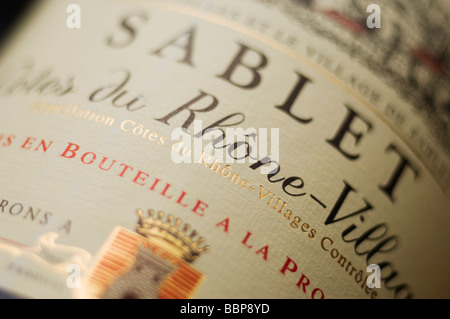 Sablet Cotes du Rhone etichetta vino closeup Foto Stock