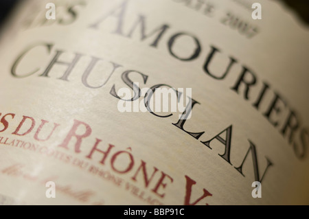 Chusclan Cotes du Rhone etichetta vino closeup Foto Stock