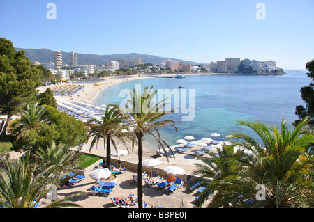 Vista spiaggia, Magaluf, Calvià comune, Maiorca (Maiorca), Isole Baleari, Spagna Foto Stock