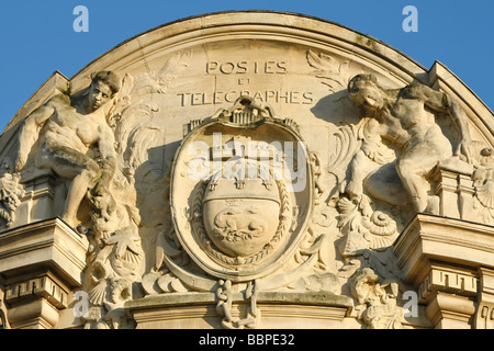 La facciata della ex principale ufficio postale, "POSTES ET TELEGRAPHES', LE HAVRE, SEINE-MARITIME (76), in Normandia, Francia Foto Stock