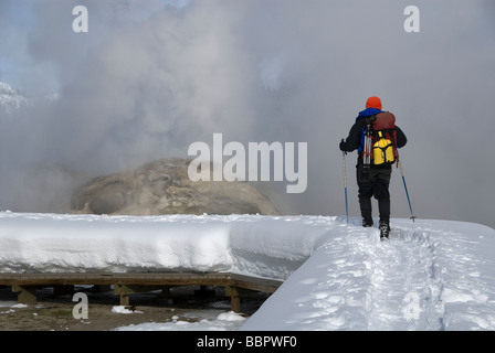 Mike Vining sci passato Grotto Geyser Yellowstone N P Wyoming USA Foto Stock