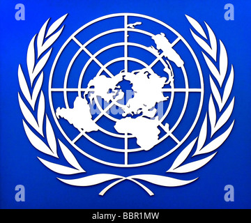 LOGO DELL'ONU, Palazzo delle Nazioni, Ufficio delle Nazioni Unite di Ginevra, Svizzera Foto Stock