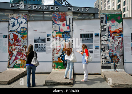 Le giovani donne, i turisti nella parte anteriore dei frammenti del muro di Berlino e Potsdamer Platz, Berlin, Germania Foto Stock