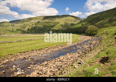 Il fiume swale tra Muker e Keld. L'ingresso Swinner Gill gorge in background. Foto Stock