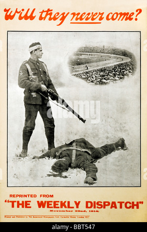 Potranno mai venire 1914 Grande Guerra poster di reclutamento tormentati Tommy supplica con British calciatori e sostenitori Foto Stock