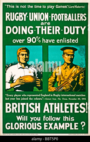 Rugby Union i calciatori stanno facendo il loro dovere 1915 poster di reclutamento atleti britannici unirsi alla vostra rugger giocando compagni Foto Stock