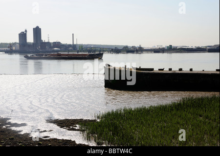 Vecchio cemento sulla chiatta foreshore,lato nord del Tamigi,Essex, Regno Unito Foto Stock