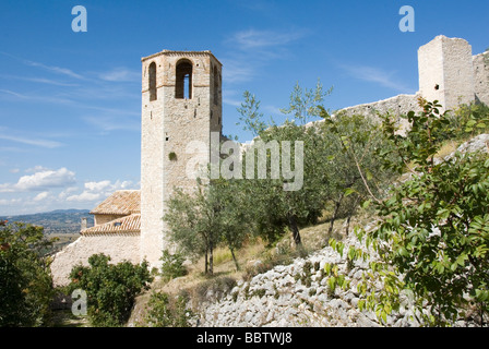 Campanile di tutti ma ha abbandonato la città di Pissignano vicino a Trevi, Umbria, in primo piano un wild fig tree Foto Stock