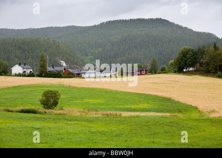 Bellissimo paesaggio rurale piccole case vicine montagne Foto Stock