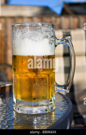 Birra fredda in vetro con testa schiumoso nella luce del sole sulla cima di un patio con tavolo durante il barbecue Foto Stock