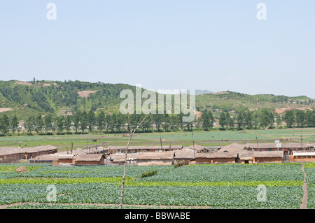 Campagna con campi di riso intorno Wonsan città in Corea del Nord Foto Stock