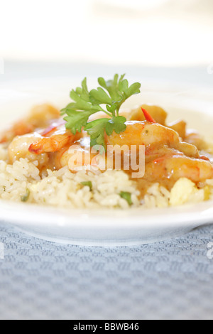 Preparato di fresco fresco artigianale re o Tiger boreale piccante Tailandese rossa curry servita con bollito di riso in bianco con n. di persone Foto Stock