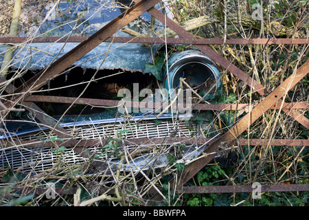 Abbandonato classico Ford Anglia auto ruggine si trova di fronte a lungo il cancello chiuso in terreni agricoli sottobosco Foto Stock