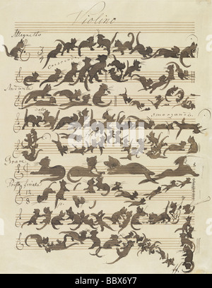 ÜF, Kunst, Schwind Moritz von (1804 - 1871), Grafik, 'Die Katzensymphonie' ('Le Chat Noir"), Zeichnung, Feder und Pinsel über Foto Stock