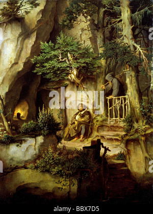 ÜF, Kunst, Schwind Moritz von (1804 - 1871), Gemälde, "Ein Spielmann bei einem Einsiedler', Öl auf Pappe, um 1846, Neue Pinak Foto Stock