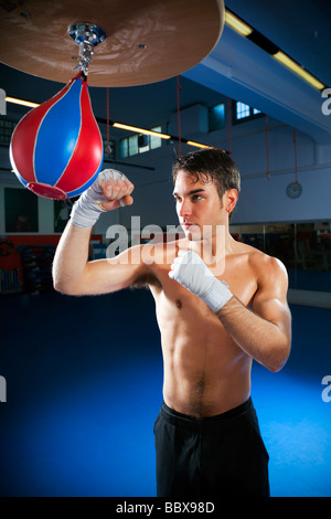 Giovane uomo adulto colpendo Speed bag in palestra spazio copia Foto Stock