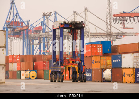 Un "straddle carrier carrello si sposta i contenitori ISO intorno al contenitore terminale per essere impilati e trasformati. Foto Stock