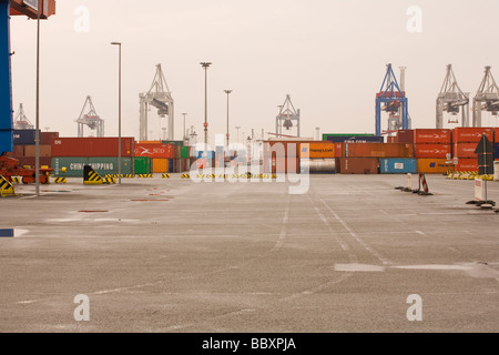 Rivestito di una pila di contenitori con gru portuali in background. Foto Stock