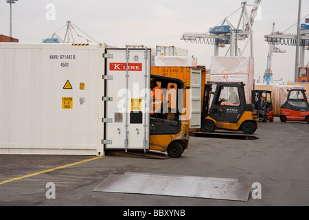 Carrelli elevatori che caricano container pronti per l'esportazione in un porto affollato. Foto Stock