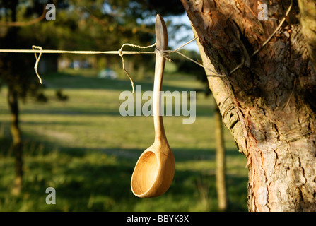 Vecchio di legno intagliato a mano siviera appeso a spago da un albero essiccazione nel sole di sera con una campagna verde sullo sfondo Foto Stock