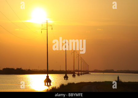 Tramonto e stagliano i cavi di alimentazione dai piloni, fornendo albarella island, Italia Foto Stock