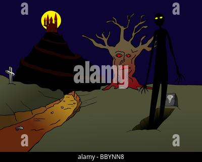 Haunted vecchio castello che si erge sulla collina e incubus ascendente dal grove Foto Stock