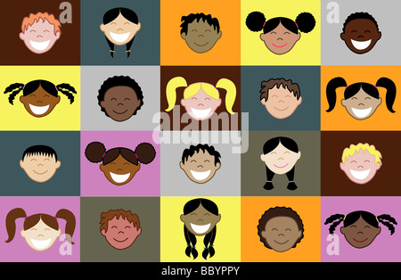 Venti diversi i volti dei bambini con sfondo colorato modello. Vedere altre immagini di questa serie. Foto Stock
