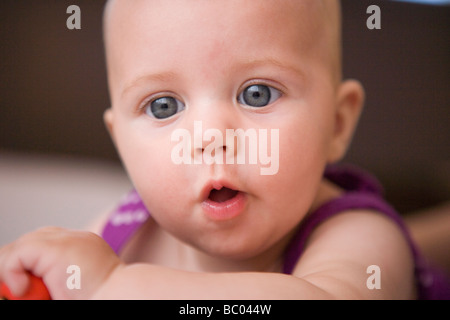 Ritratto di tre mesi di età Baby girl cerca sorpreso, primo piano Foto Stock