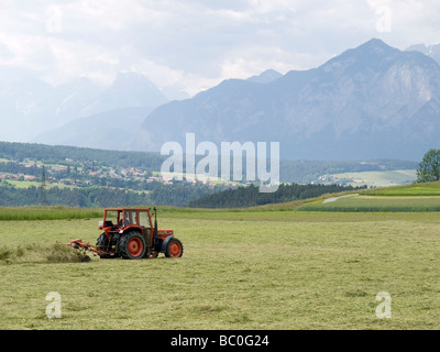 Agricoltore in un trattore spandimento del fieno o ruotando il fieno falciato per facilitare l'asciugatura di esso Foto Stock