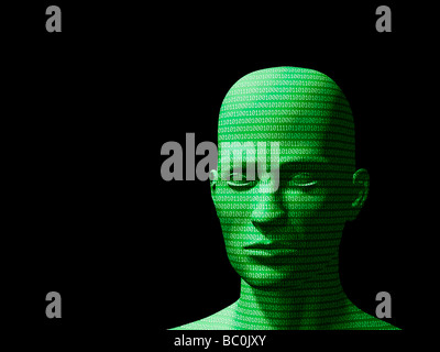 Testa umana con codice binario isolato su sfondo nero. Foto Stock
