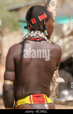 Africa Etiopia Omo River Valley Hamer tribù cicatrici da salto del Bull cerimonia Foto Stock