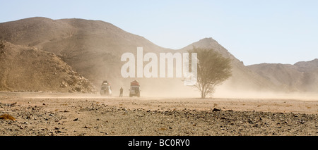 Panoramica delle quattro ruote motrici vicino a Lone Tree a secco di wadi letto in tempesta di polvere nel Mare Rosso colline, il Deserto Orientale, Egitto Foto Stock