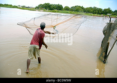 L'uomo lancia una rete da pesca in un fiume. Foto Stock