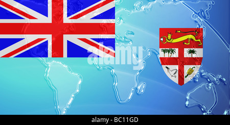 Bandiera delle Isole Figi nazionale simbolo del paese illustrazione con mappa del mondo metallico aspetto goffrato Foto Stock