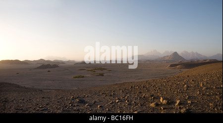 Ampio panorama attraverso il deserto piano distante gamme della montagna nella mattina presto luce, Deserto Orientale dell Egitto, Africa Foto Stock