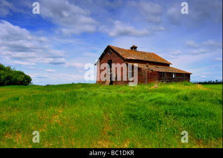 Un vecchio abbandonato granaio rosso nelle zone rurali di Alberta in Canada Foto Stock