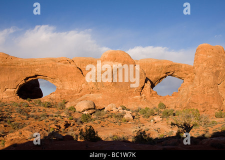 Nord e Sud, finestra Windows sezione, Arches National Park, Utah Foto Stock