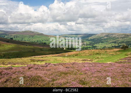 Il villaggio di Reeth da Grinton Moor, Swaledale. North Yorkshire Foto Stock