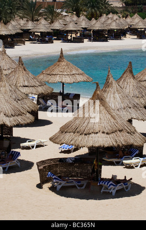 I vacanzieri seduti sotto il sole con tetto di paglia di sfumature su una fiancheggiata da palme spiaggia esotica Foto Stock