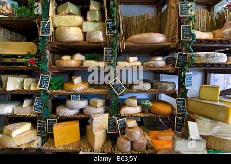 Selezione di formaggi di produzione artigianale sul display in l'artigiano fromagerie negozio di formaggi " Caseus' Montreuil sur Mer Francia Foto Stock